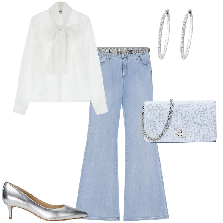 Outfit donna - Total look #2181224. Stile Glamour per Serata fuori. Abbinamento con orecchini, camicie, jeans a zampa, décolleté, borse a tracolla, cinture.