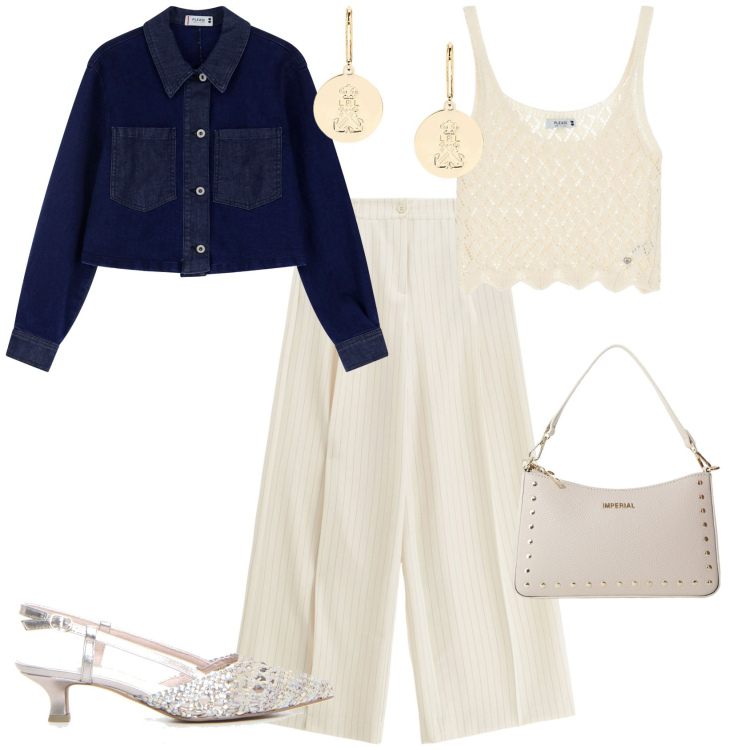 Outfit donna - Total look #2181229. Stile Trendy per Serata fuori. Abbinamento con pantaloni a palazzo, top, blazer, borse a spalla, orecchini, sandali col tacco.