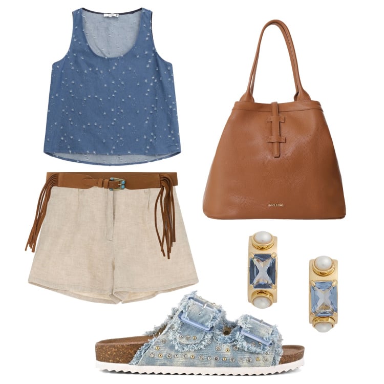 Outfit donna - Effetto denim & lino. Stile Casual per Tutti i giorni. Abbinamento con pantaloni corti, top, borse tote, cinture, orecchini, sandali.