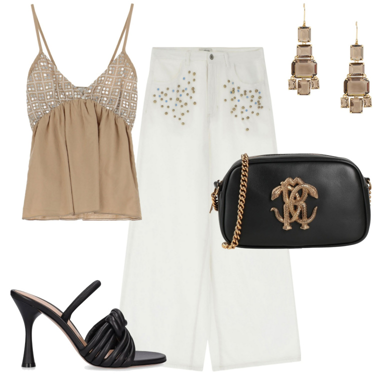 Outfit donna - Serata. Stile Casual chic per Serata fuori. Abbinamento con borse a tracolla, jeans, top, orecchini, sandali in pelle.