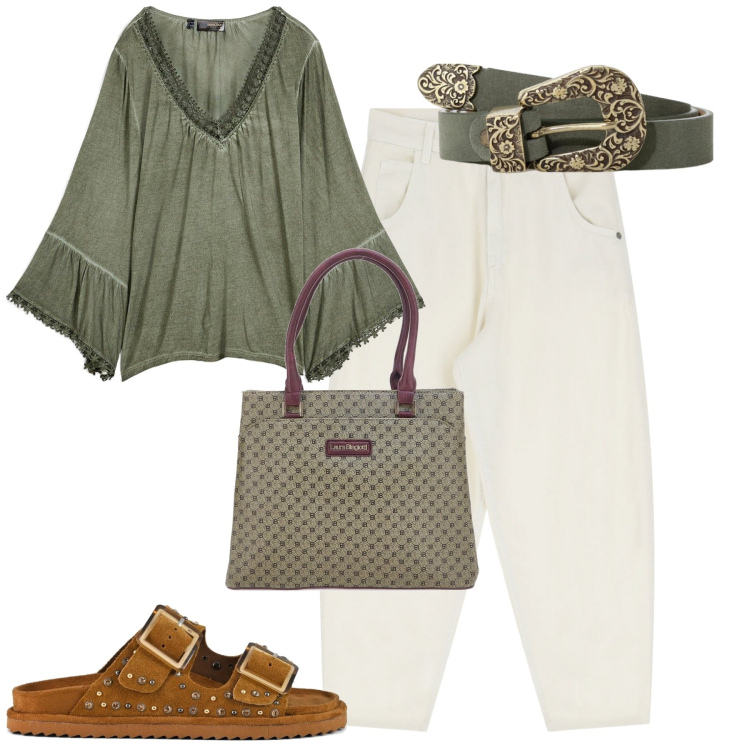 Outfit donna - Un po\' boho. Stile Boho per Tutti i giorni. Abbinamento con maglieria, cinture, jeans, sandali, borse a spalla.