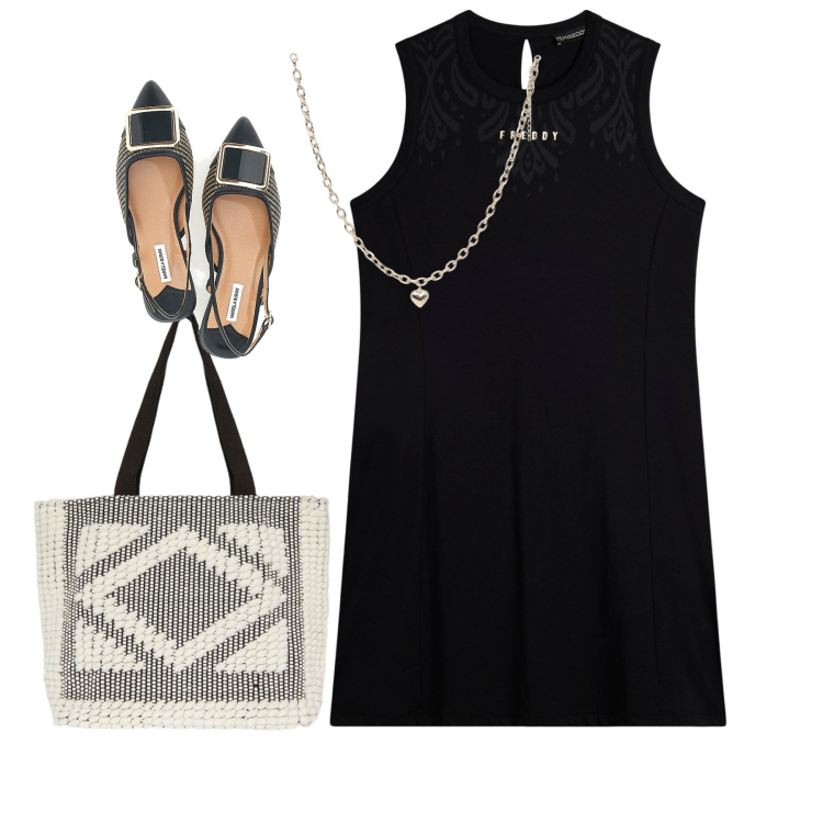 Outfit donna - Noir. Stile Chic per Ufficio. Abbinamento con collane, vestiti midi/longuette, ballerine, shopping bag.