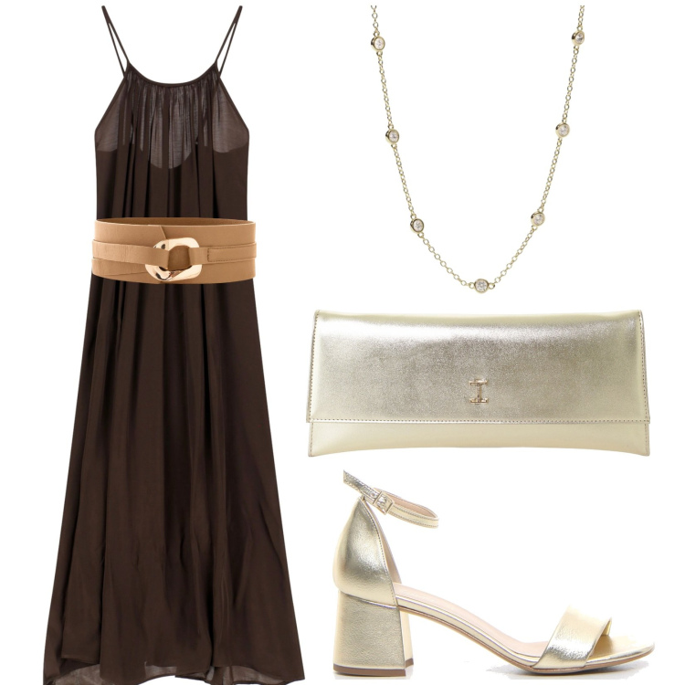 Outfit donna - Maxi dress. Stile Chic per Serata fuori. Abbinamento con cinture, collane, vestiti lunghi, pochette, sandali col tacco.