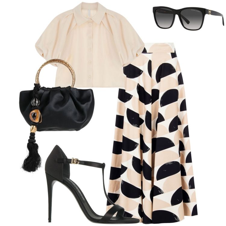 Outfit donna - Cerimonia. Stile Chic per Cerimonia. Abbinamento con sandali col tacco, borse a mano, gonne longuette, camicie a manica corta, occhiali da sole.