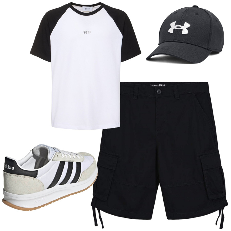 Outfit uomo - Summer. Stile Casual per Tutti i giorni. Abbinamento con bermuda, cappelli, sneakers, t-shirt.