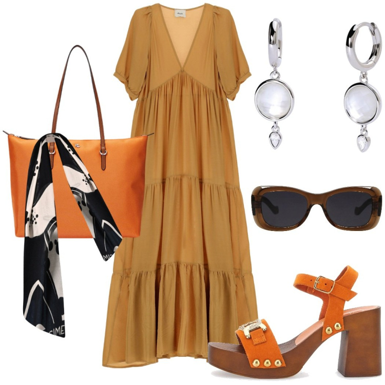 Outfit donna - I colori del tramonto. Stile Casual chic per Tutti i giorni. Abbinamento con occhiali da sole, vestiti lunghi, orecchini, sciarpe, borse tote, zoccoli.