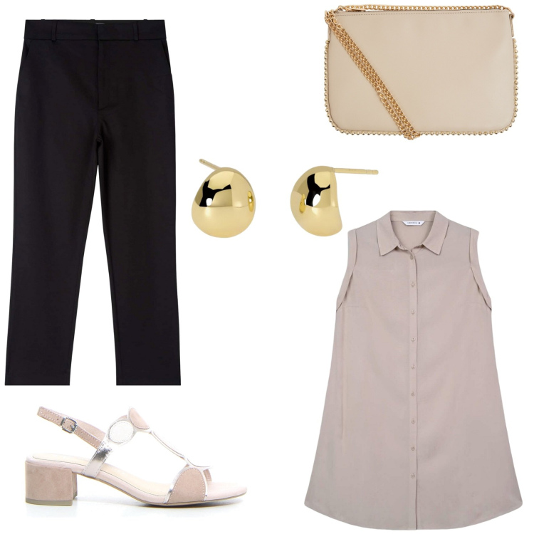 Outfit donna - In ufficio. Stile Urban per Ufficio. Abbinamento con pantaloni chino, borse a tracolla, camicie, orecchini, sandali col tacco.