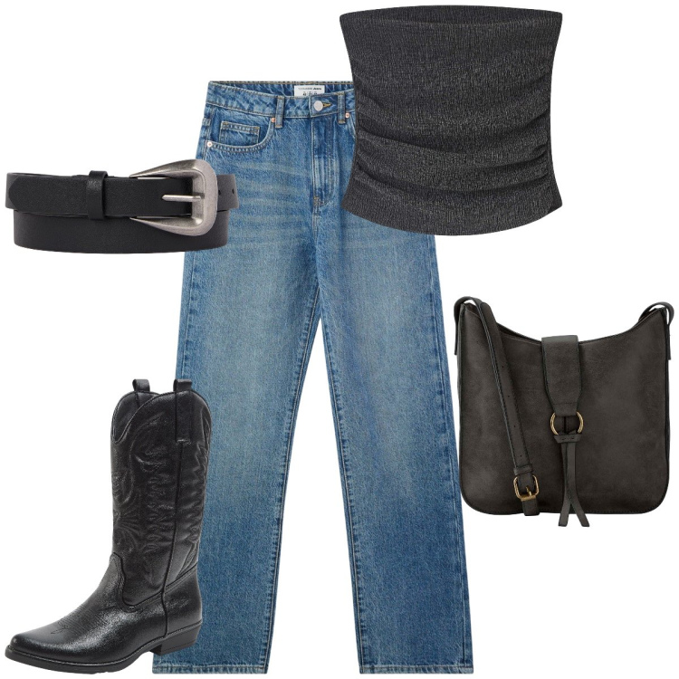 Outfit donna - Total look #2181260. Stile Rock per Tutti i giorni. Abbinamento con borse a tracolla, top, jeans dritti, stivali, cinture.
