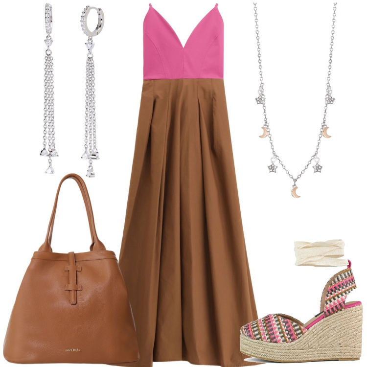 Outfit donna - Total look #2181262. Stile Casual chic per Tutti i giorni. Abbinamento con collane, orecchini, borse tote, vestiti lunghi, zeppe.