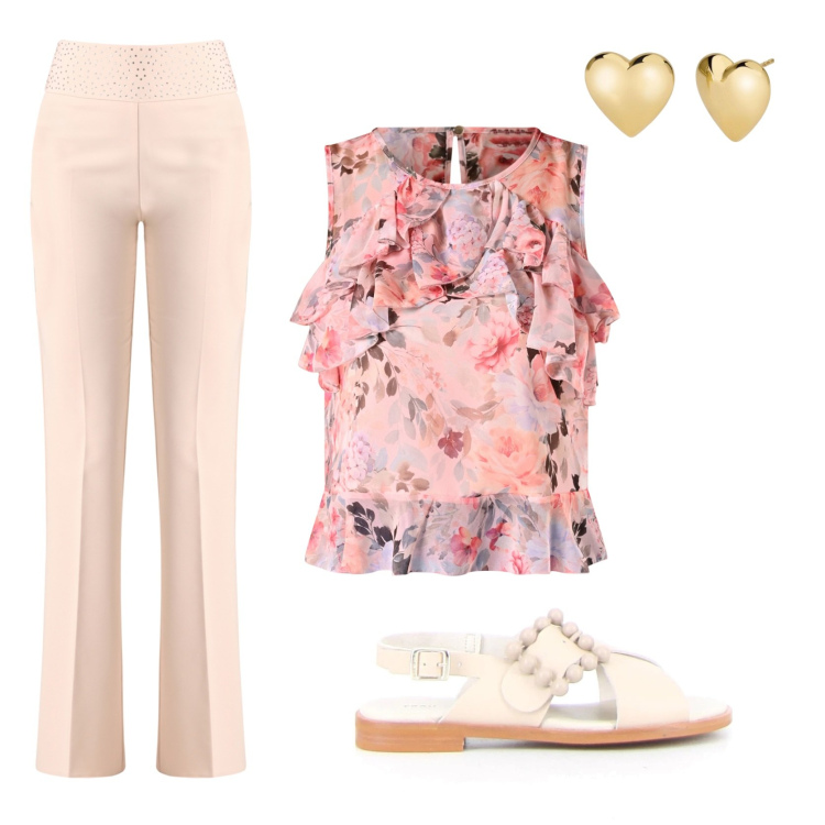 Outfit donna - Aperitivo al tramonto. Stile Glamour per Serata fuori. Abbinamento con orecchini, top, pantaloni, sandali.