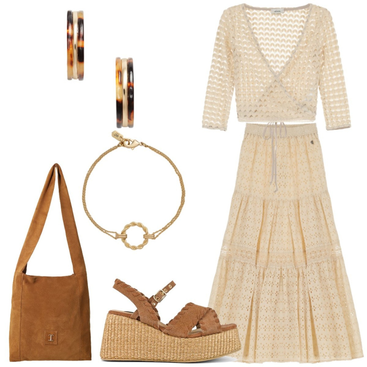 Outfit donna - Total look #2181266. Stile Boho per Tutti i giorni. Abbinamento con borse a tracolla, top, gonne lunghe, orecchini, braccialetti, zeppe.