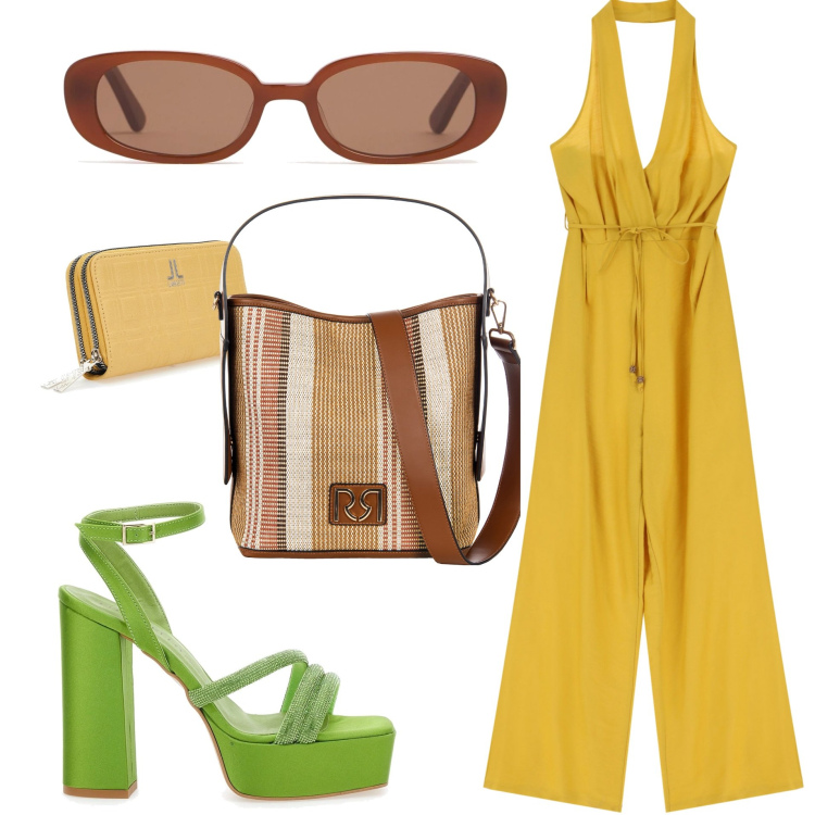 Outfit donna - Found the color. Stile Etnico per Serata fuori. Abbinamento con borse a secchiello, tute, portafogli, sandali col tacco, occhiali da sole.