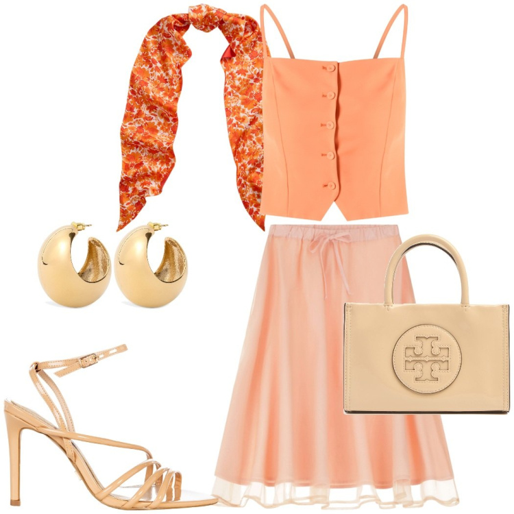 Outfit donna - Tonalità sorbetto. Stile Bon Ton per Cerimonia. Abbinamento con sandali col tacco, canottiere, gonne longuette, sciarpe, shopping bag, orecchini.