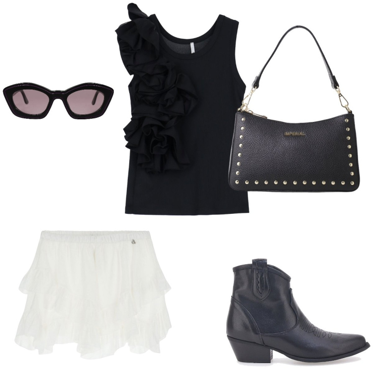 Outfit donna - Total look #2181272. Stile Trendy per Tutti i giorni. Abbinamento con occhiali da sole, top, borse a spalla, minigonne, stivaletti texani.