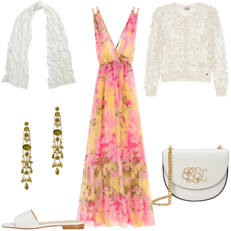 Outfit donna - Dixie a Positano: colore in primo piano!. Stile Romantica per Serata fuori. Abbinamento con cardigans, vestiti lunghi, borse a tracolla, orecchini, ciabatte, sciarpe.
