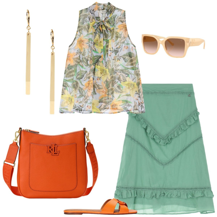 Outfit donna - Total look #2181274. Stile Boho per Tutti i giorni. Abbinamento con top, gonne longuette, occhiali da sole, borse a tracolla, orecchini, sandali in pelle.