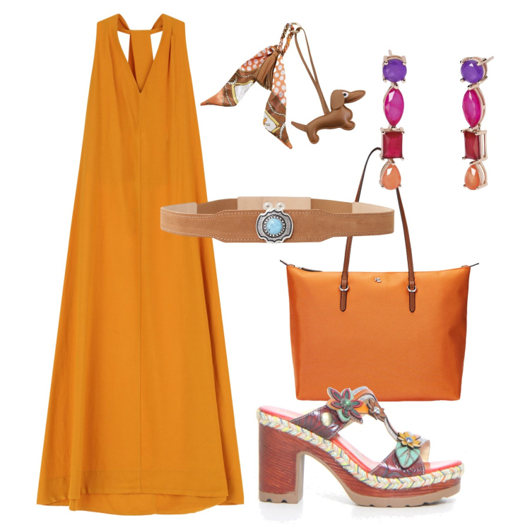Outfit donna - Colori Dixie a Positano. Stile Boho per Tutti i giorni. Abbinamento con orecchini, portachiavi, cinture, vestiti lunghi, borse tote, ciabatte.