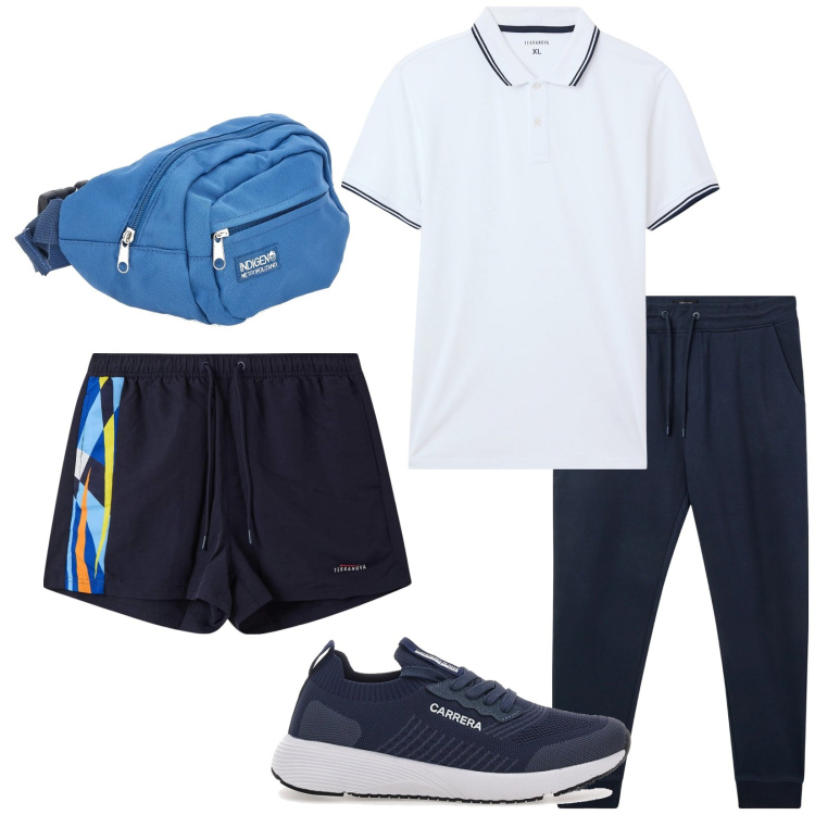 Outfit uomo - Total look #2181278. Stile Casual per Mare. Abbinamento con polo, costumi, pantaloni, borse sportive, sneakers.
