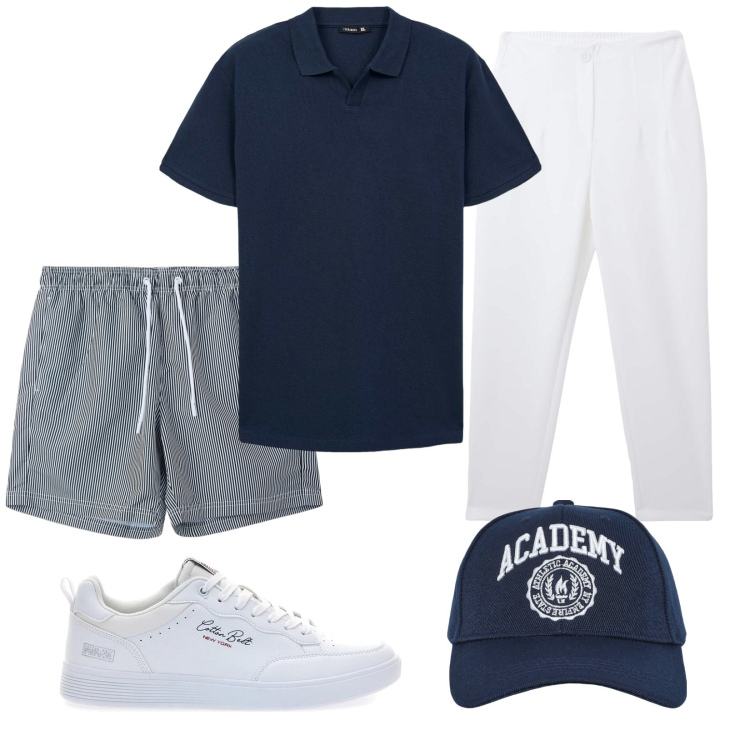 Outfit uomo - Total look #2181279. Stile Casual per Mare. Abbinamento con pantaloni chino, costumi, cappelli con visiera, polo, sneakers.