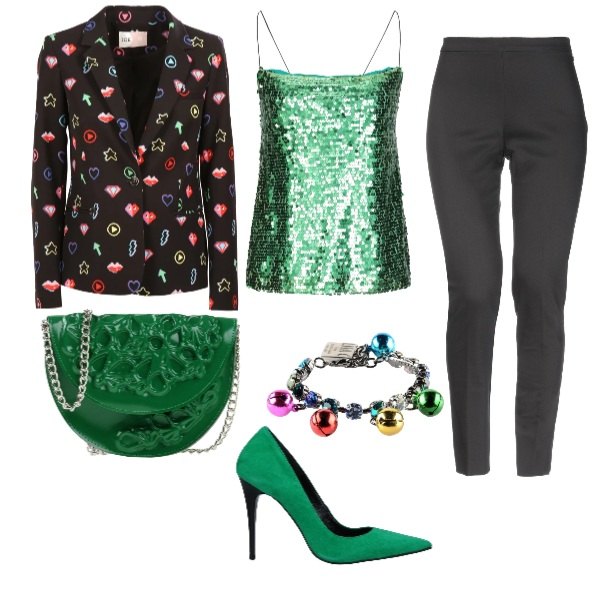 Outfit donna - Capodanno colorato. Stile Trendy per Serata fuori. Abbinamento con pantalone con zip jersey, bracciale con strass fantasia, top, borsa a mano mini in pelle sintetica tinta unita, décolleté effetto scamosciato con tacco spillo a punta tinta unita, giacca a bottone con spacco monopetto multicolore e nero.