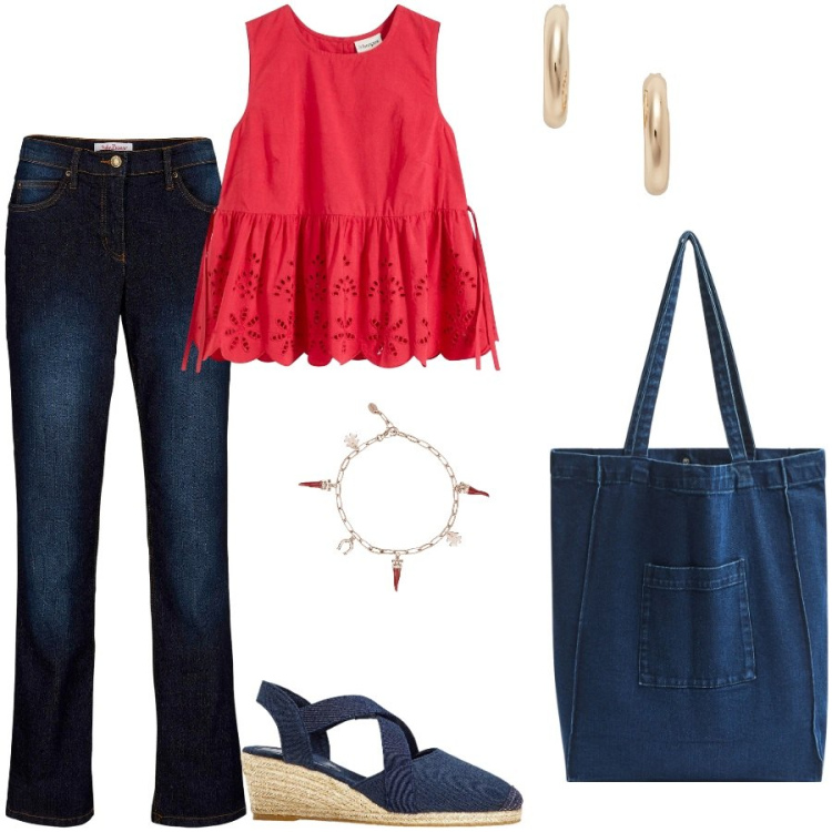 Outfit donna - Red. Stile Casual per Tutti i giorni. Abbinamento con jeans dritti, top, sandali col tacco, shopping bag, braccialetti, orecchini.