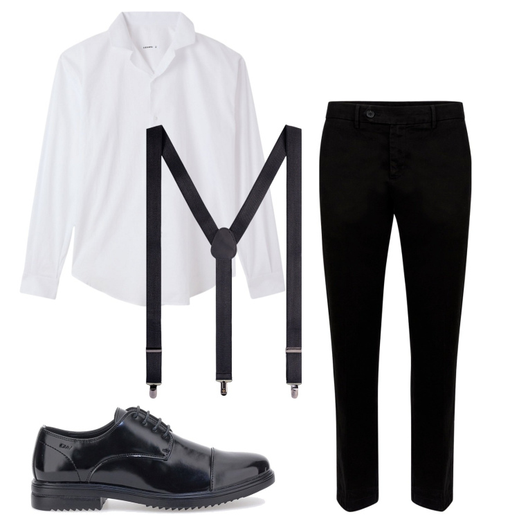 Outfit uomo - Total look #2181284. Stile Business/Elegante per Ufficio. Abbinamento con camicie, pantaloni chino, scarpe stringate, bretelle.