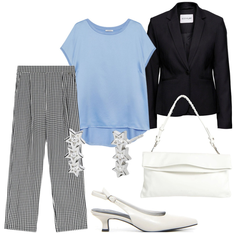 Outfit donna - Total look #2181288. Stile Bon Ton per Ufficio. Abbinamento con blazer, borse a mano, orecchini, pantaloni, décolleté, bluse.