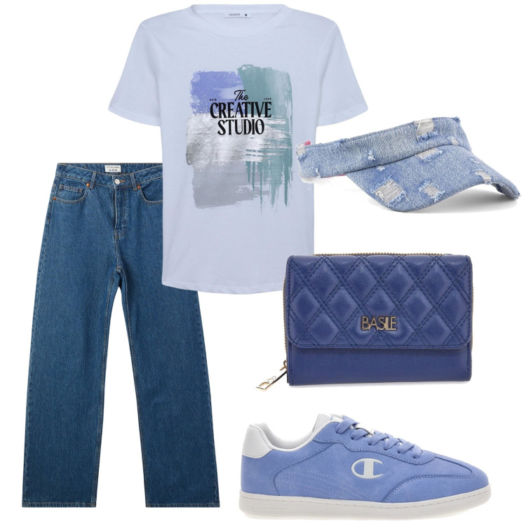 Outfit donna - Total look #2181290. Stile Urban per Tutti i giorni. Abbinamento con t-shirt, jeans, portafogli, sneakers, cappelli con visiera.