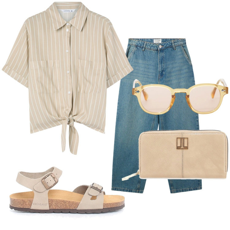 Outfit donna - Total look #2181291. Stile Trendy per Tutti i giorni. Abbinamento con camicie a manica corta, jeans, occhiali da sole, sandali, portafogli.