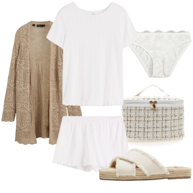 Outfit donna - Casa. Stile Casual per Tutti i giorni. Abbinamento con ciabatte, cardigans, pigiama, culotte, valigie.