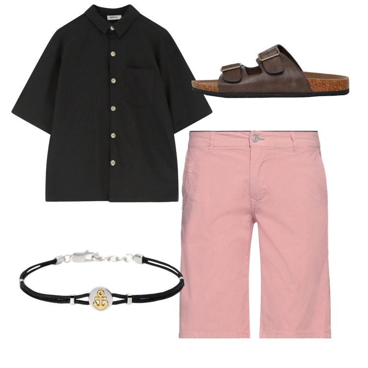 Outfit uomo - Pink. Stile Trendy per Tutti i giorni. Abbinamento con shorts, sandali, braccialetti, camicie a manica corta.