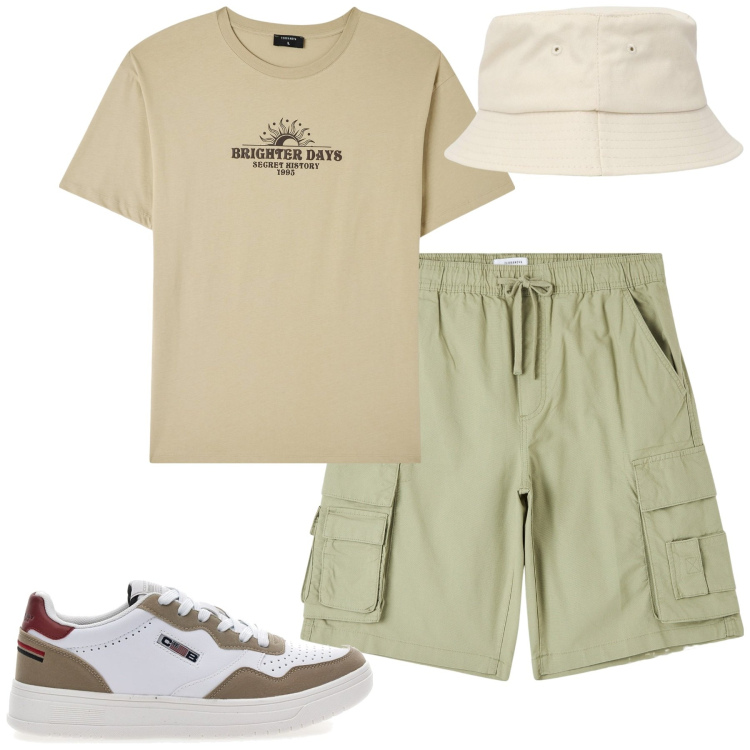 Outfit uomo - Total look #2181301. Stile Casual per Tutti i giorni. Abbinamento con t-shirt, pantaloni corti, cappelli, sneakers.