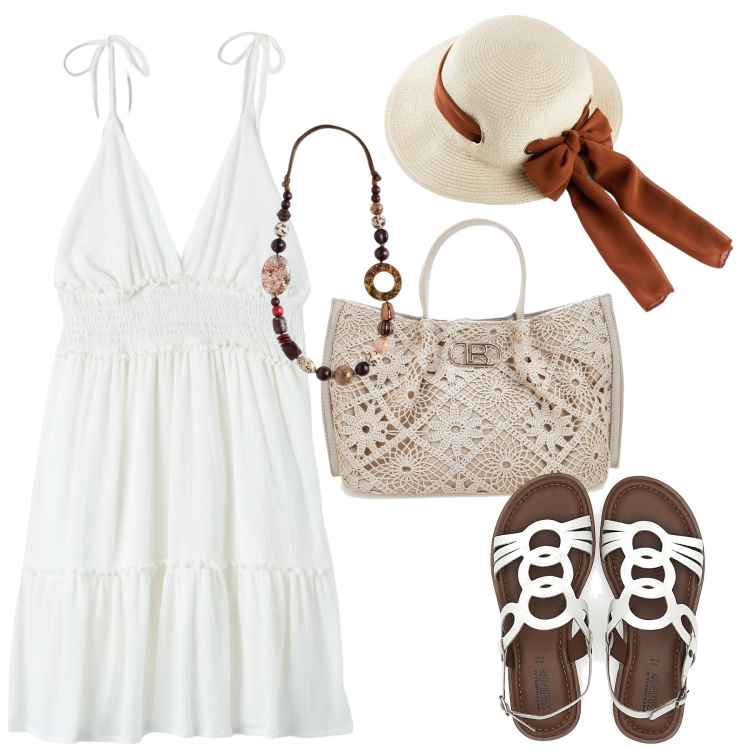 Outfit donna - Total look #2181303. Stile Glamour per Mare. Abbinamento con cappelli, vestiti, sandali, borse a tracolla, collane.