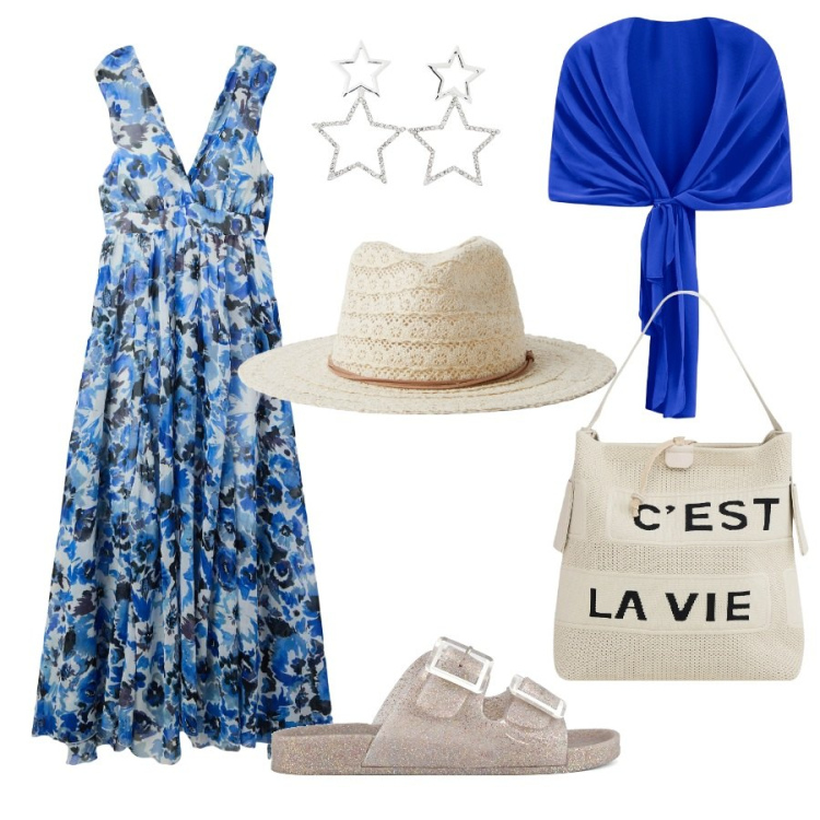 Outfit donna - Maxi dress, maxi libertà- Focus donna cur. Stile Romantica per Mare. Abbinamento con vestiti lunghi, cappelli, orecchini, borse a mano, scialli, sandali.