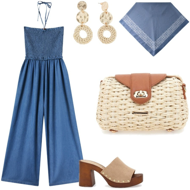 Outfit donna - Tuta tipo denim. Stile Casual chic per Tutti i giorni. Abbinamento con orecchini, tute, zoccoli, borse a tracolla, foulard.