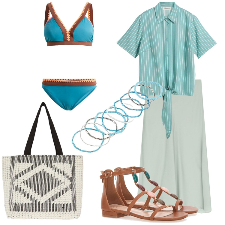 Outfit donna - Total look #2181318. Stile Basic per Mare. Abbinamento con bikini, camicie a manica corta, braccialetti, gonne lunghe, sandali gioiello, shopping bag.