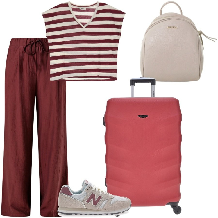 Outfit donna - In partenza. Stile Casual chic per Tutti i giorni. Abbinamento con pantaloni, zaini, t-shirt, sneakers, valigie.