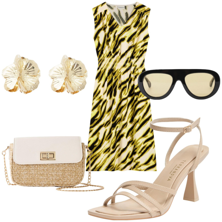 Outfit donna - Total look #2181330. Stile Bon Ton per Tutti i giorni. Abbinamento con shopping bag, vestiti, sandali col tacco, occhiali da sole, orecchini.