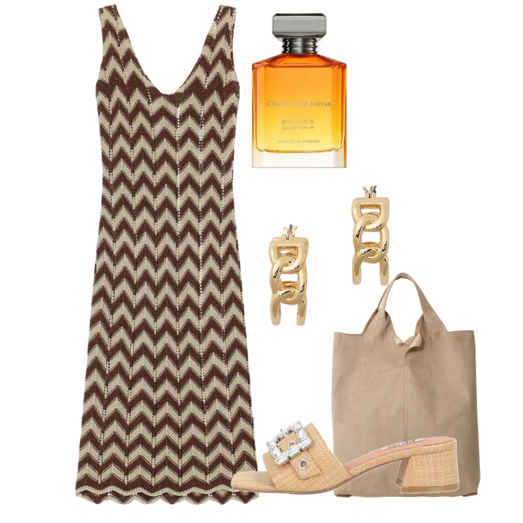 Outfit donna - Chevron. Stile Chic per Tutti i giorni. Abbinamento con sandali in pelle, profumi, vestiti midi/longuette, orecchini, shopping bag.