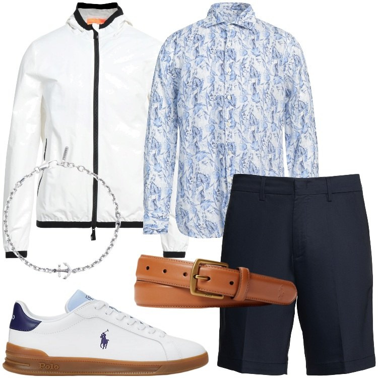 Outfit uomo - Cena sul mare. Stile Business/Elegante per Serata speciale. Abbinamento con camicie, giacche, braccialetti, cinture, sneakers, shorts.