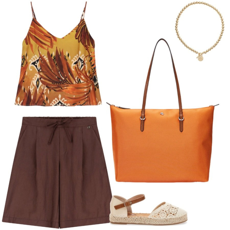 Outfit donna - Il top dai toni della terra. Stile Casual per Tutti i giorni. Abbinamento con canottiere, shorts, collane, borse tote, espadrillas.
