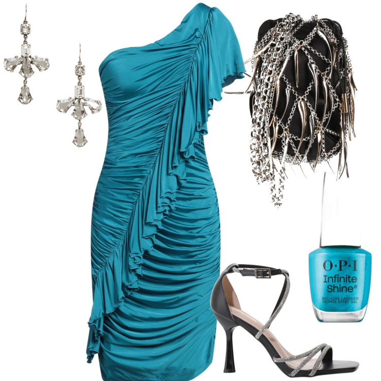 Outfit donna - Serata. Stile Glamour per Serata fuori. Abbinamento con vestiti asimmetrici, borse a spalla, smalti, sandali col tacco, orecchini.