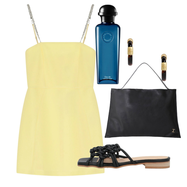 Outfit donna - Giugno. Stile Chic per Cerimonia. Abbinamento con sandali in pelle, profumi, borse a spalla, vestiti corti, orecchini.