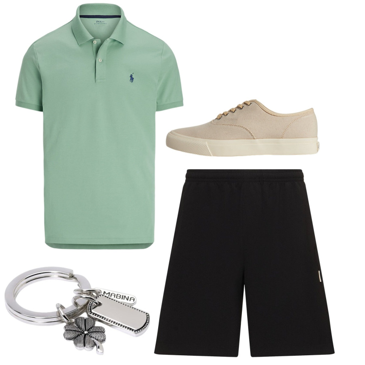 Outfit uomo - Casual. Stile Casual per Tutti i giorni. Abbinamento con portachiavi, sneakers, polo, shorts.