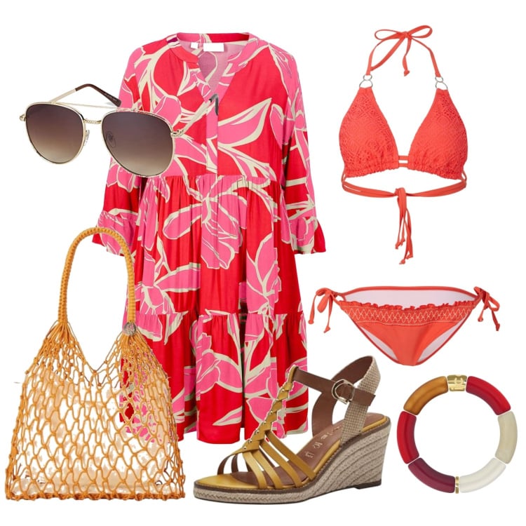 Outfit femme - Juin. Style Glamour pour Plage. Assortir avec robes, maillot de bain 2 pièces, sandales à talon, sac cabas, bracelets, lunettes de soleil.