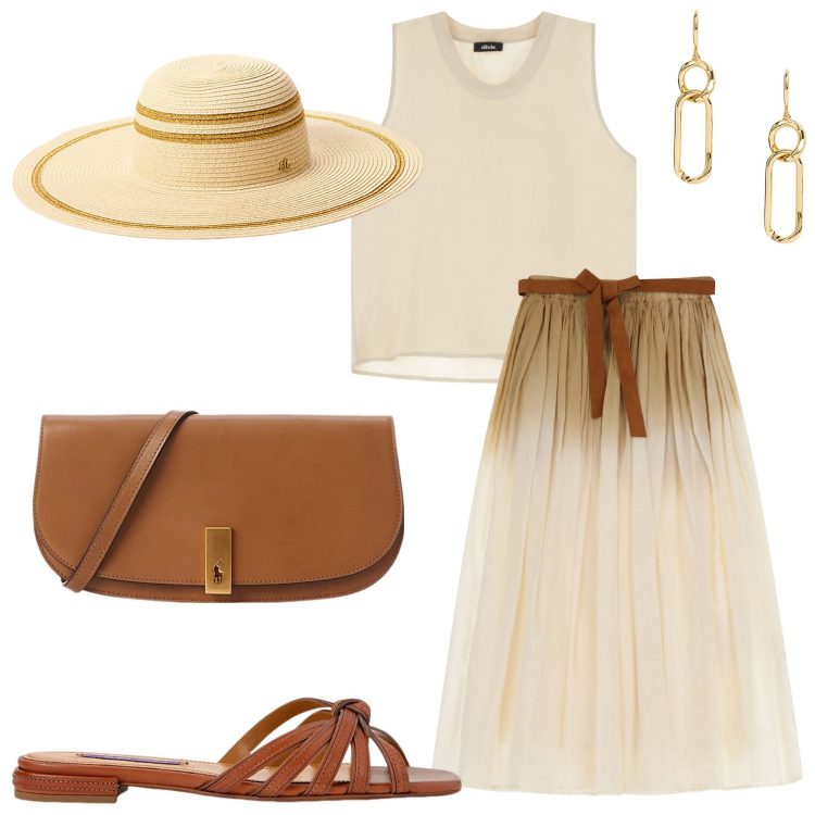 Outfit donna - Dixie a Positano. Stile Casual chic per Mare. Abbinamento con gonne lunghe, top, sandali in pelle, clutch, orecchini, cappelli.