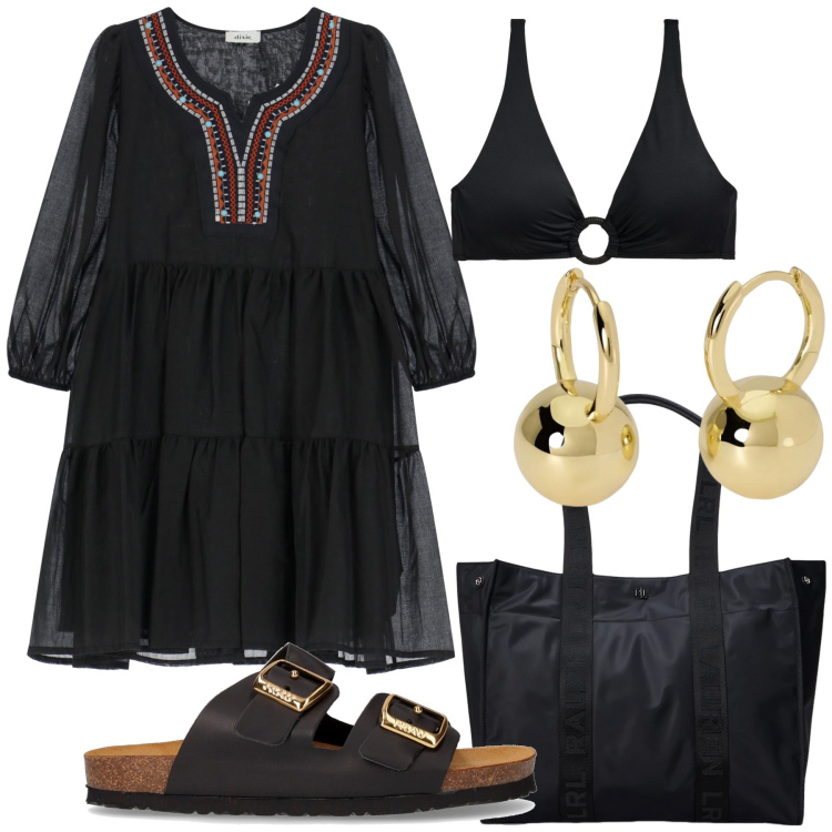 Outfit donna - Spiaggia etnica a Positano. Stile Etnico per Mare. Abbinamento con orecchini, vestiti corti, bikini, borse tote, ciabatte.