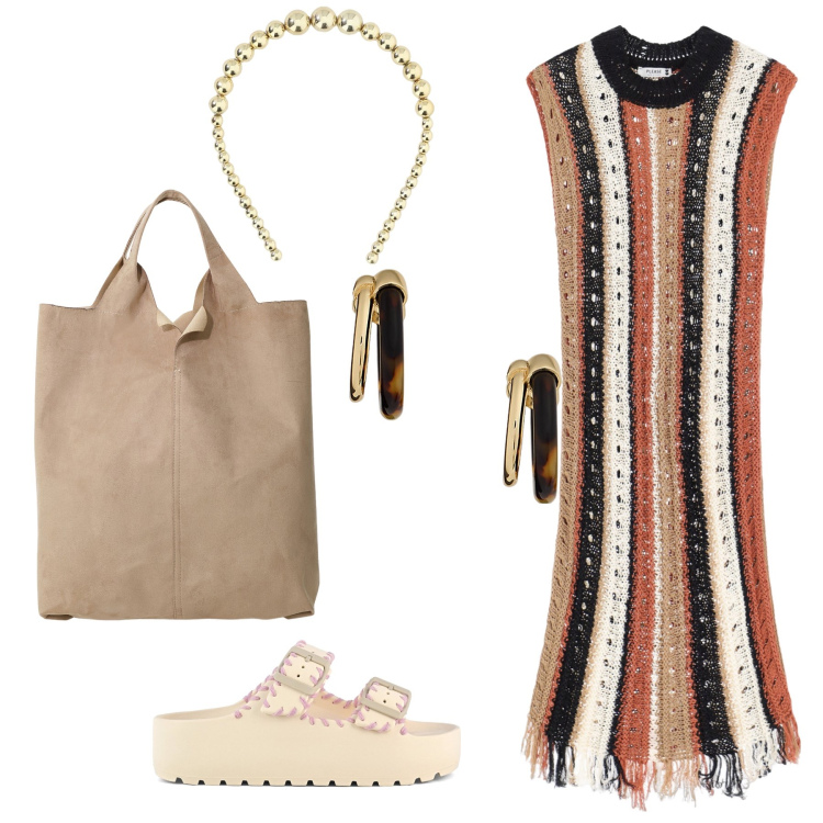 Outfit donna - Partendo per il mare. Stile Trendy per Mare. Abbinamento con vestiti senza maniche, shopping bag, cerchietti, orecchini, ciabatte.