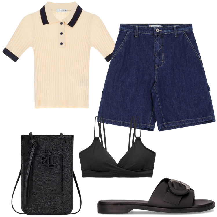 Outfit donna - Please to the sea. Stile Bon Ton per Mare. Abbinamento con bermuda, maglieria, borse a tracolla, bikini, ciabatte.