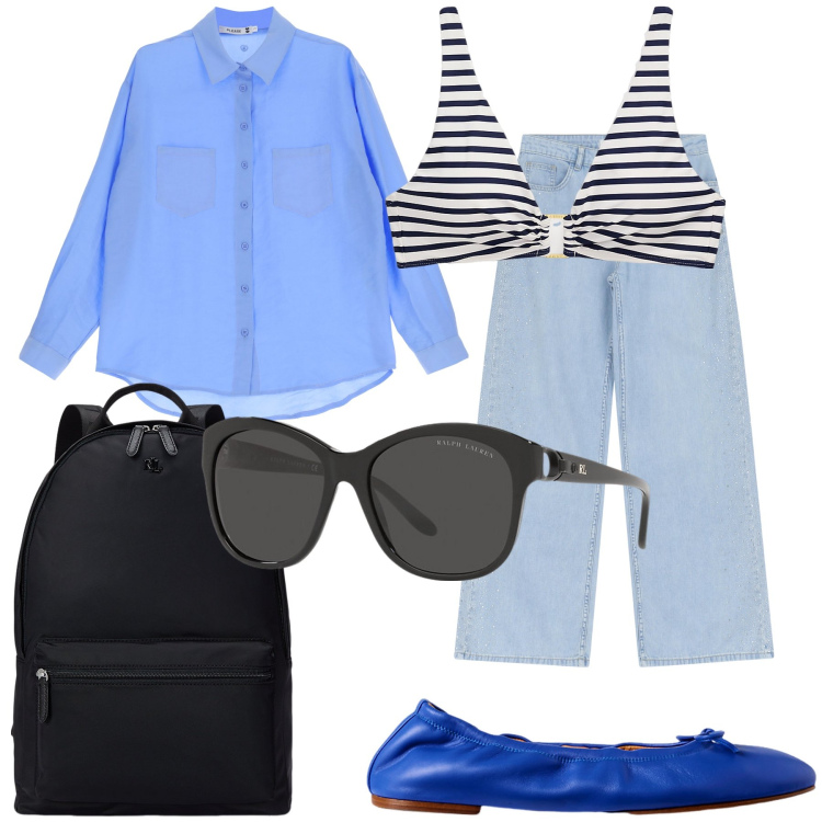 Outfit donna - Please dall ufficio alla spiaggia. Stile Trendy per Mare. Abbinamento con jeans, camicie, zaini, occhiali da sole, ballerine, bikini.
